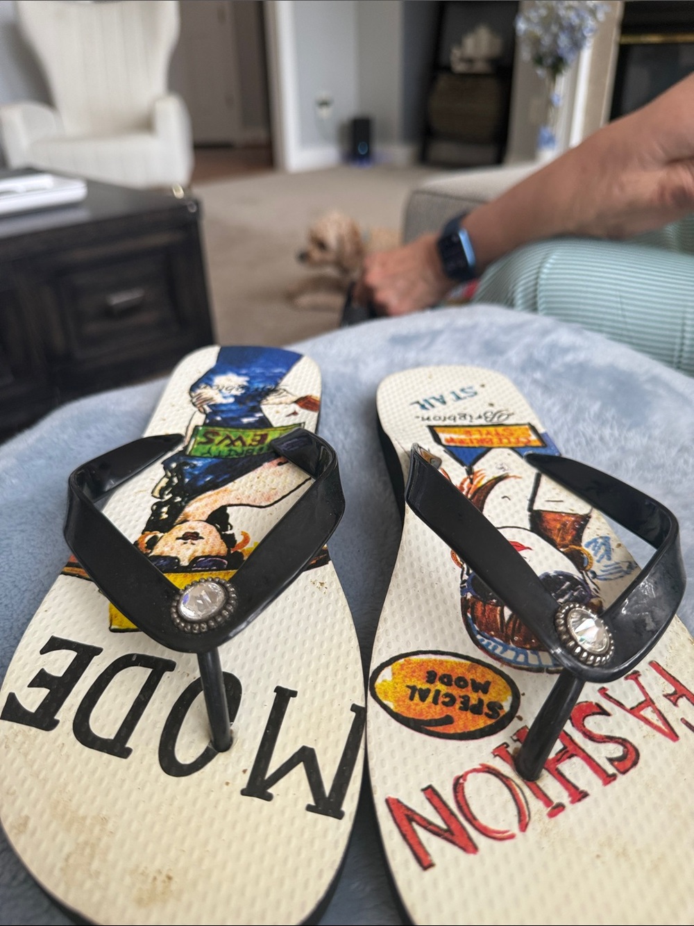 Bella Vita Black Strap Flip-Flops with Colorful Graphic Footbed